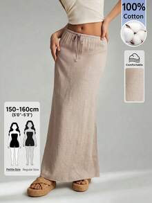 SHEIN PETITE Modischer Damen-Maxirock im Pendler-Stil in Apricot, 100% Baumwolle - Aprikosenfarben - Übersicht 1