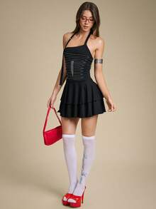 Rina Fox Vestido de mujer con diseño de strass, moda de doble capa con volantes en el bajo y cuello halter - Negro - Ver 3