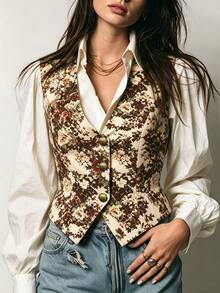 SHEIN White Background Vintage Large Floral Print Fabric Deep V-Neck Sleeveless Vest With Three Round Antique Bronze Single-Breasted Buttons, Cinched Waist, Asymmetrical Pointed Hem, Short Layering Tank Top - Multicolor - View 2