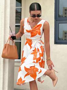 GlowEve CURVE 大尺碼女款優雅無袖花卉印花蝴蝶結洋裝 - 橘色 - 查看 4