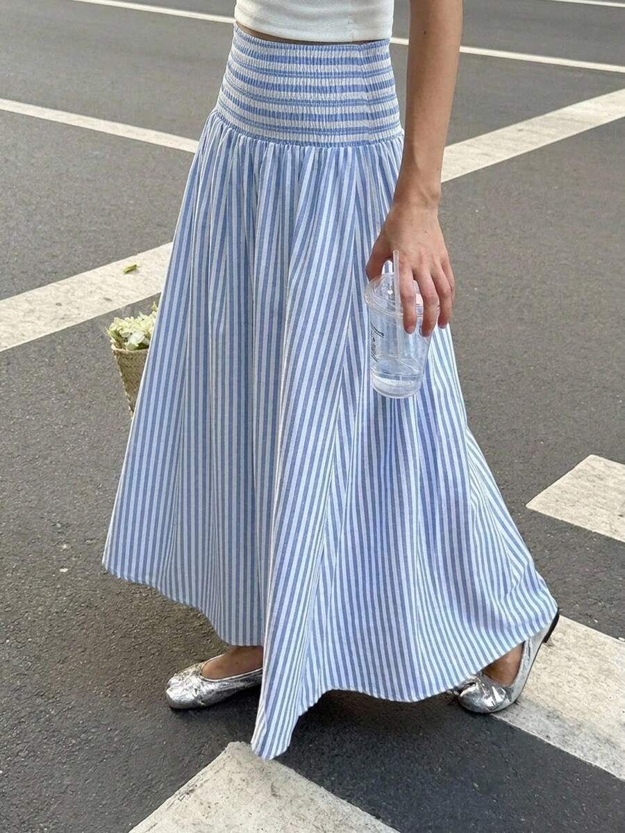 Girlism Teen Girl White,Ruffle Skirt Boho Long Skirt Break Paperbag Waist Frill Trim Ruffle Hem Skirt - Blue and White - View 1