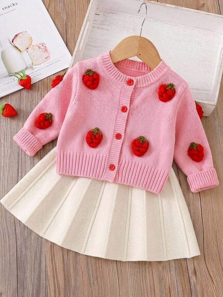 LMoss Kids Baby Girl Knit Cute Strawberry Pattern V-Neck Casual Autumn Cardigan - Pink - View 1