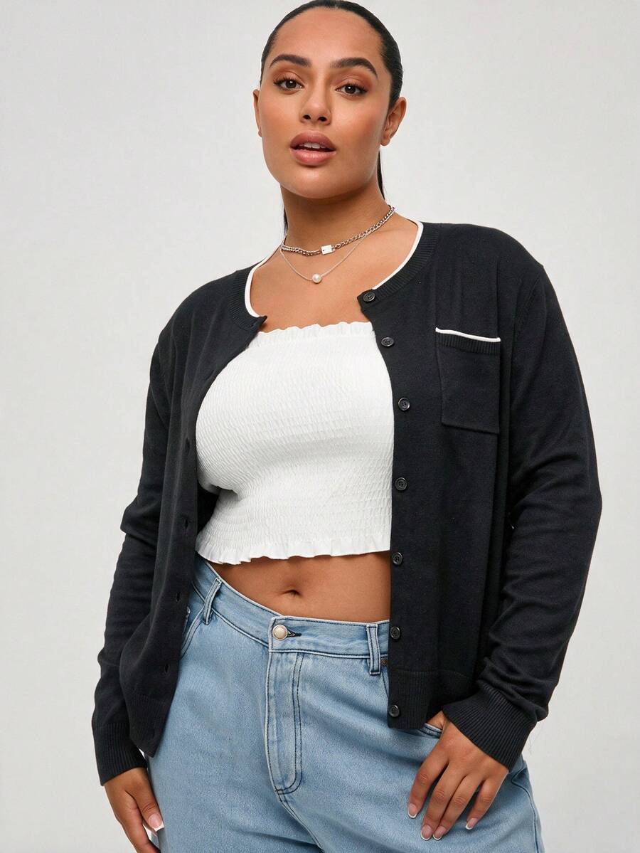 EMERY ROSE Plus Size Autumn Casual Versatile Cardigan - Navy Blue - View 1