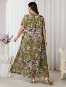 Al Najma Plus Size Women Floral Print Ruched Short Sleeve Arabic Style Dress - Multicolor - View 5