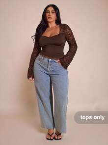 SHEIN BAE Plus Size Women Lace Patchwork Long Sleeve Top - Chocolate Brown - View 4