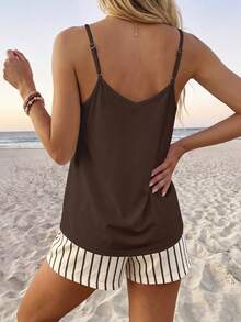 Comfylo Casual Vacation Style Chocolate Brown Beige Spaghetti Strap Tank Top And Matching Shorts Women's Round Neck 2-Piece Set Suitable For Summer Beach - Brown - View 3