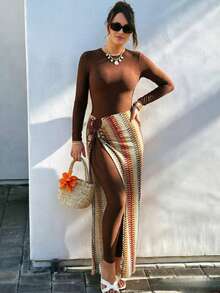 Swim Shayni Plus Size Women Solid Color Long Sleeve Bodysuit, Long Pants And Colorblock Skirt Burkini Separates Swimsuit Set - Multicolor - View 1
