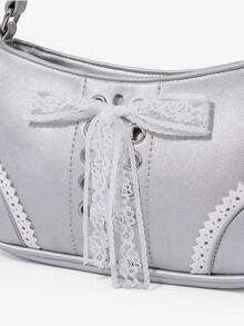 Viva Strut Ladies Bag, Silver Y2k Lace Decoration Cute Girl Rivet Design, Shoulder Bag, Sweet And Cool Babes, Suitable For Shopping, Teenagers, - Silver - View 6