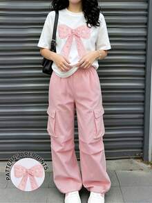 SHEIN 1套粉色蝴蝶結圖案上衣與粉色工裝褲，適合13-16歲女孩，舒適簡約休閒日常風格 - 彩色 - 查看 3