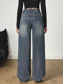 SHEIN Tall Y2K Casual Tall Fashion Street Vintage Rivet Washed Straight Leg Jeans Everyday School Blue Summer - Dark Wash - View 6