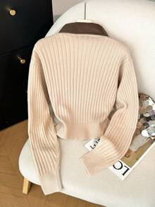 Muvela Cardigan tricoté court décontracté pour femme, vintage élégant, beige, patchwork, col, double fermeture éclair devant, automne/bureau, brunch, quotidien, rendez-vous, fête des enseignants - Kaki - Voir 2
