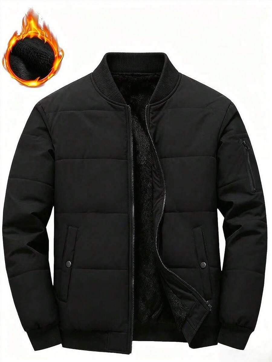 Manfinity Homme Men's Solid Color Long Sleeve Zip-Up Baseball Collar Winter Jacket - Black - View 1
