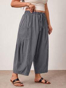 Enliva Plus Size Loose Fit Drawstring Casual Business Casual Cropped Pants Vacation Lounge Gray Summer Fall - Dark Grey - View 5