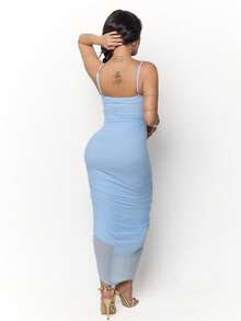 Dania Mndz Shop Seductive Baby Blue Summer Ruched Draped Maxi Dress For Women, Ruffle Sleeve High Slit Bodycon Dress,Elegant Birthday Party Wedding Prom Gown - Baby Blue - View 2