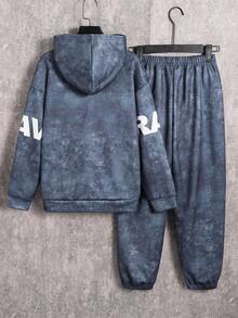 SHEIN 兒童青少年男孩休閒舒適時尚極簡連帽衫與長褲套裝，經典酷炫文字 BRAVE 圖案印花，經典運動風圖案印花，經典帥氣雪花圖案印花，適合通勤、上學、日常休閒外出、運動，秋冬穿著 - 灰色 - 查看 6