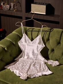 SilkySpell White Premium Satin Faux Silk Polka Dot Jacquard Camisole Shorts + Hair Scrunchie 3 PiecesPajama Set - White - View 2