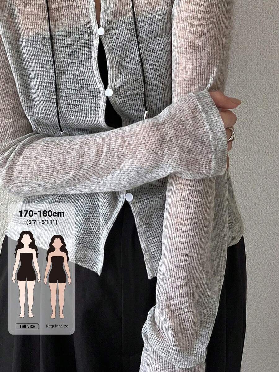 Dazy Tall Kaos Kasual Lengan Panjang Semi-Transparan Kerah Bulat Kancing Depan untuk Wanita, Cocok untuk Musim Gugur - Putih - View 1