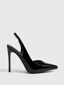CUCCOO SZL 新款尖頭細高跟鞋，黑色後綁帶，slingback 女款高跟鞋，時尚性感氣質，簡約，適合宴會 - 鏡面黑~! - 查看 2
