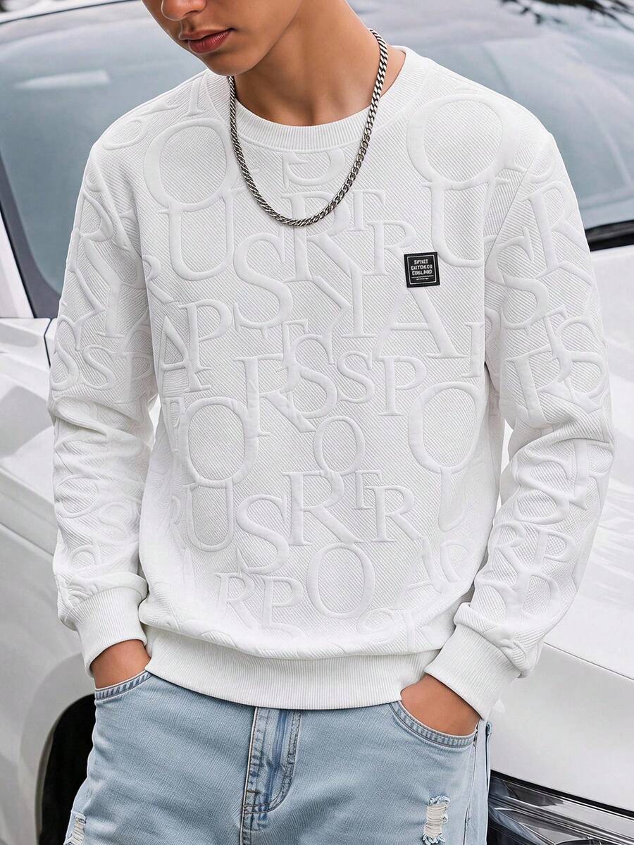 SHEIN Tween Boy Casual Letter Embossed Crew Neck Sweatshirt - White - View 1