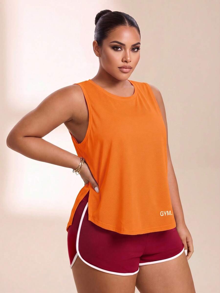 SHEIN Rhythm Era Women's Plus Size Letter Print Split Design Casual Versatile Daily Wear Sports T-Shirt - Coral Orange - View 1