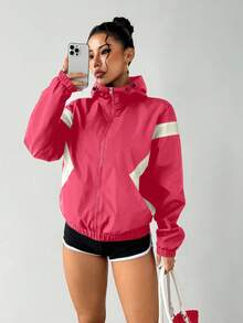 Exploreva Chaqueta deportiva casual holgada con capucha y cremallera de colores contrastantes - Rosa - Ver 1