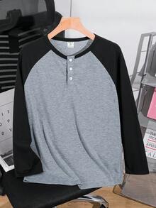 SHEIN Teen Boy Teen Boy Casual Black And Gray Color-Blocked Half-Open Pullover Long-Sleeved T-Shirt - Multicolor - View 5