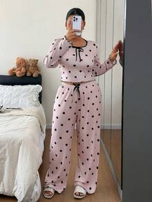 Napfluff CURVE Napfluff CURVE Polka Dot Print Long Sleeve Long Pants Plus Size Pajama Set - Coral Pink - View 1