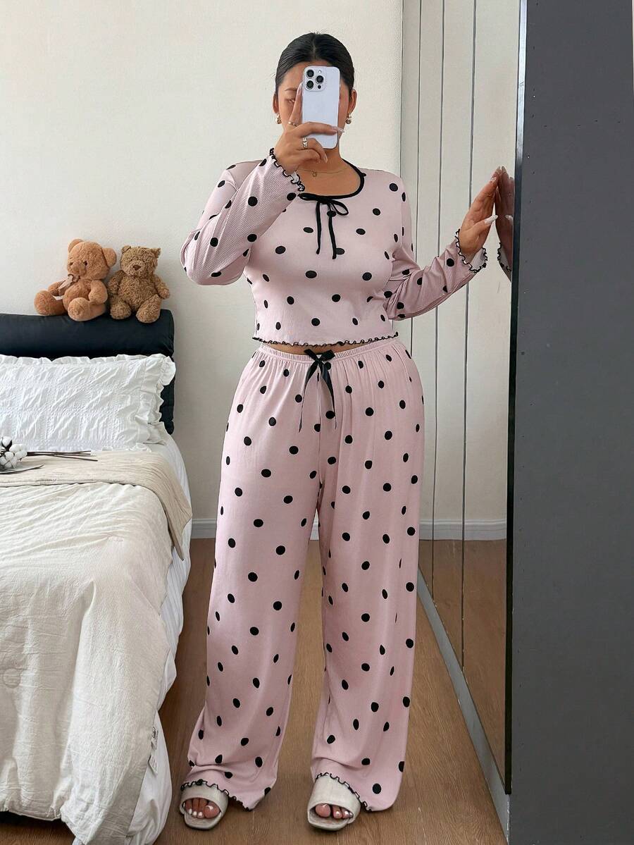 Napfluff CURVE Napfluff CURVE Polka Dot Print Long Sleeve Long Pants Plus Size Pajama Set - Coral Pink - View 1