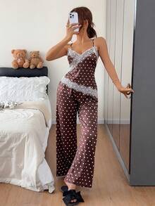 Napfluff 波點蕾絲拼接細肩帶背心與寬腿褲家居服套裝 - 棕色 - 查看 7