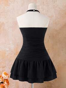 SHEIN Teen Girls' Halter Neck Ruched Ruffle Hem Summer Fashion Dress Beach Black - Black - View 2