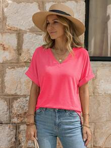 EMERY ROSE Solid Color V-Neck Loose Long Casual T-Shirt With Side Slits - Coral Pink - View 1