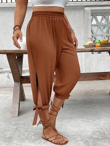 EMERY ROSE Plus Size High Waist Tapered Leg Tie-Up 7/10 Pants Spring/Summer - Yellow - View 4