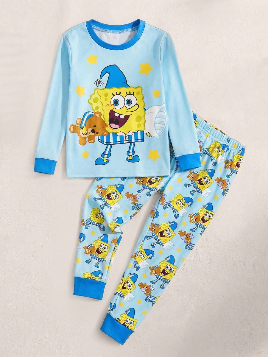 SpongeBob SquarePants | SHEIN Set Piyama Anak Laki-Laki dengan Motif Kartun, Atasan Lengan Panjang Kerah Bulat dan Celana Panjang Pas Badan - Biru - View 1