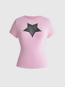ROMWE Grunge Punk 大尺碼 Y2K 龐克五角星鏤空設計性感修身 T-shirt 素色百搭 - 粉色 - 查看 1