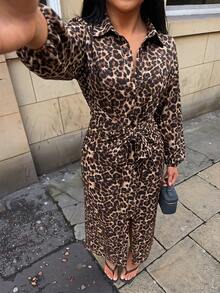 Radiana Women's New Elegant Sexy Casual Fashion Black And White Leopard Print Waist Belt Cinched Shirt Dress, Long, Tie Waist, Vacation, Daily, Brunch Autumn - Multicolor - View 7