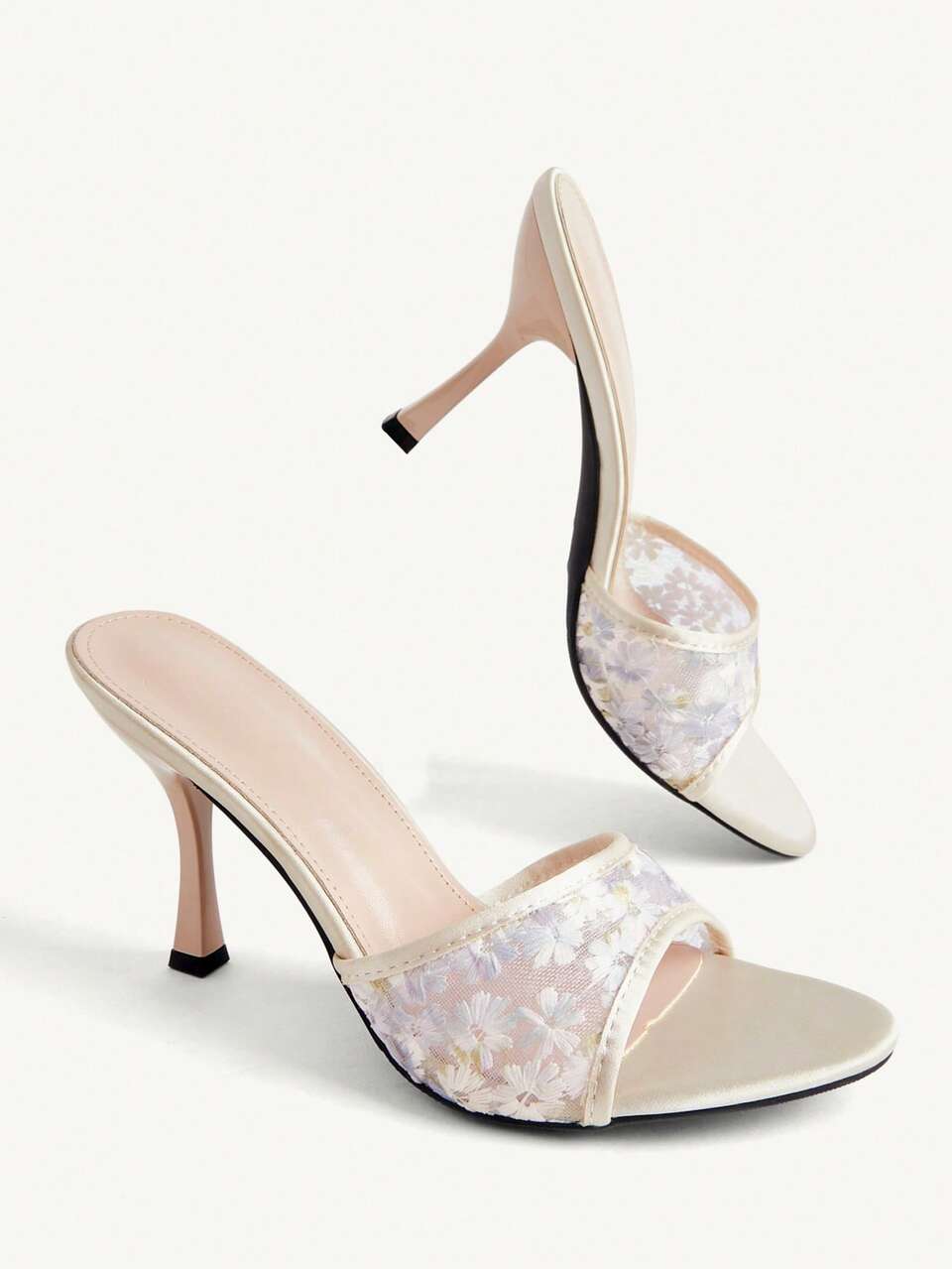CUCCOO CHICEST Women's Shoes Stiletto Round Toe Embroidered Mesh High Heels Apricot Satin High Heels Sandals Fashion Elegant Slingbacks Dating Afternoon Tea Party