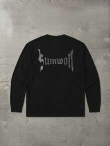 SUMWON 哥德式 Logo 背印長袖圓領寬鬆版 T-shirt，袖口圖案，秋冬必備 - 黑色 - 查看 1