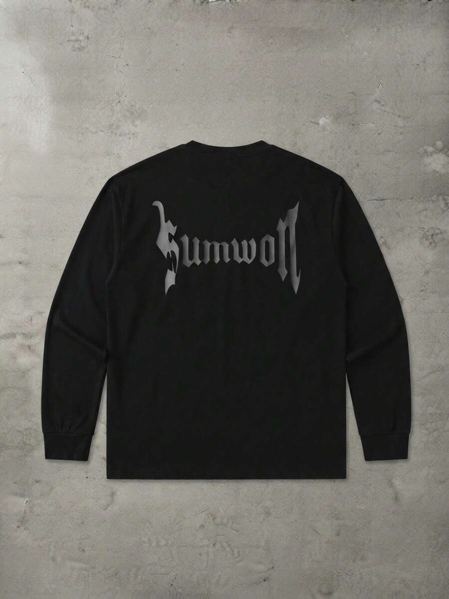 SUMWON 哥德式 Logo 背印長袖圓領寬鬆版 T-shirt,袖口圖案,秋冬必備 - 黑色 - 查看 1