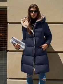 EURMUSE 2-Tone Hooded Zip-Up Pockets Mid-Length Padded Coat - Navy Blue - View 6