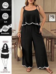 SHEIN CURVE+ 大尺碼女款休閒傳統波西米亞風度假純色紋理寬鬆連身褲 商務正式 黑白配色 夏季早午餐 - 黑色 - 查看 1
