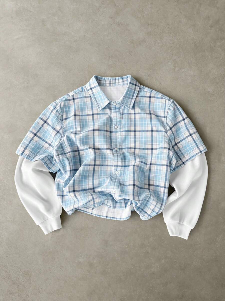STEELVANCE Men's Casual Plaid Patchwork Shirt, Spring/Autumn Back-To-School Grad Office Work Construction Blue And White - Multicolor - View 1