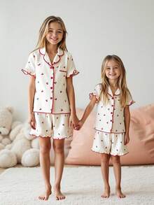 SHEIN Playful Pals 2 件装少女樱桃印花荷叶边优雅短袖 T 恤和短裤睡衣套装 - 杏色 - 查看 3