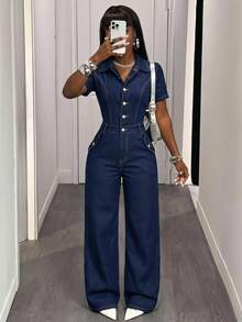 BamGleam Women's Button Casual Daily Denim Jumpsuit - Dark Wash - View 8