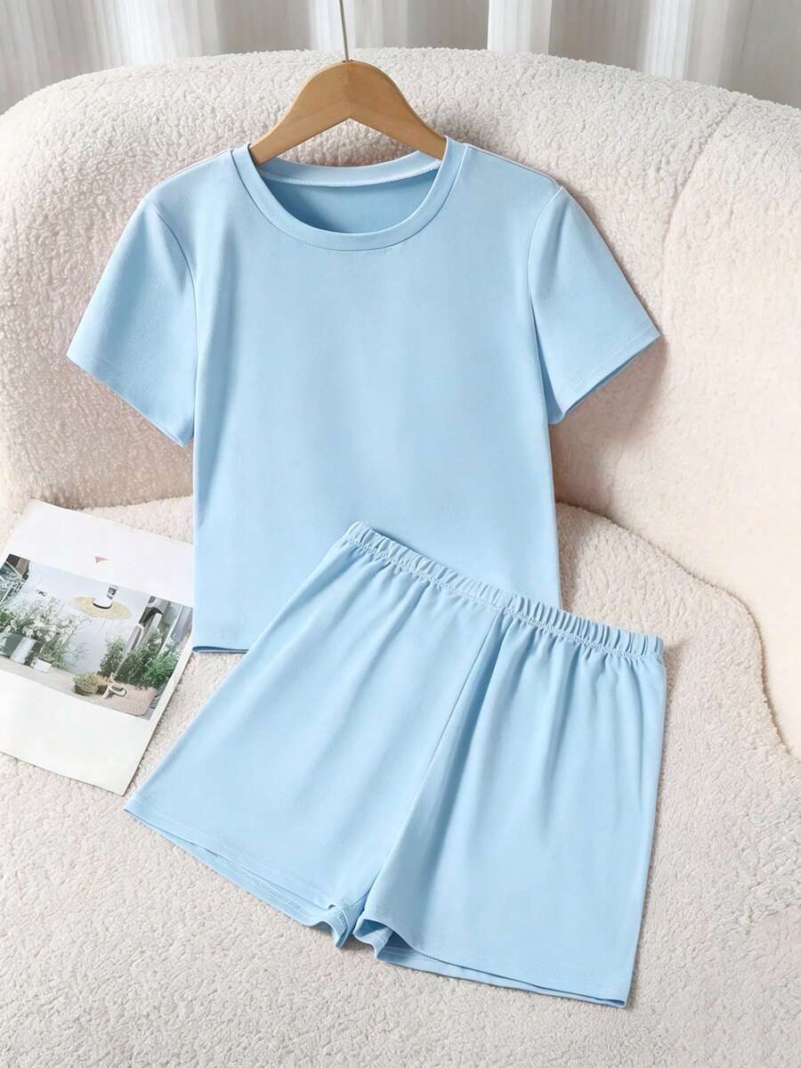 SHEIN 青少年女孩 2件組短袖圓領夏季粉色休閒迷你套裝,適合海灘、穿搭、演唱會,修身時尚,內含緊身褲,健身瑜伽 Y2K 風格 - 淺藍色 - 查看 1