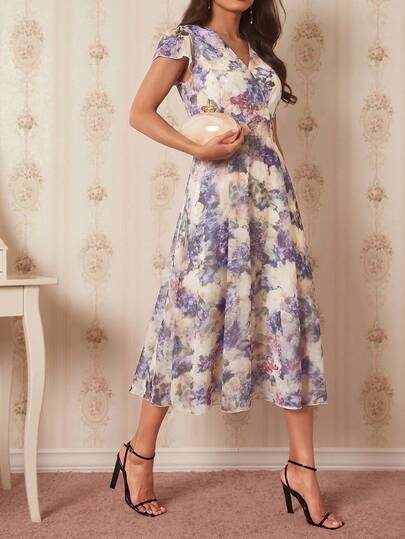 Amorya Women's V-Neck Floral Print Casual Party Long Dress
