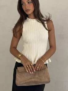 Siren Gaze Autumn Women Casual Knitted White Camo Top Vest Western Vintage Elegant Formal Brunch Office Going Out Wedding Graduation Ruffle Peplum Pleated Y2k - Apricot - View 8