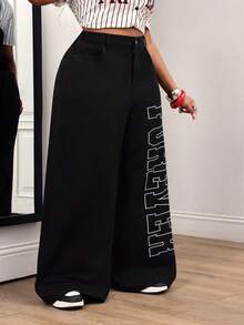 SHEIN Unity 女款大尺碼戶外街頭風字母刺繡黑灰色牛仔褲 - 黑色 - 查看 5