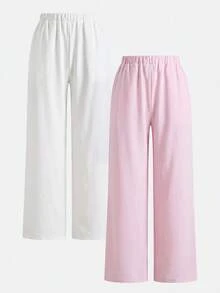 SHEIN 青少年女孩編織黑色與卡其色抽繩寬鬆休閒長褲 秋冬加厚款 - 彩色 - 查看 2