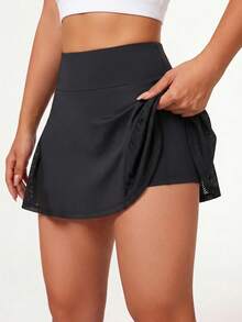 SHEIN Sports Women's Casual, Loose-Fit Athletic Skirt; Black; Regular Waist; Mesh Paneling; Features Built-In Shorts And Pockets. - Black - View 6