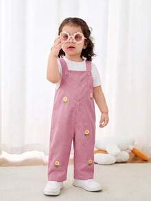 SHEIN Baby Girl Woven Solid Color Floral Pattern Overall Romper - Dusty Pink - View 3